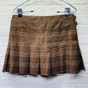 JOIE M Brown Plaid Wool Blend Pleated A-Line Skater Mini Skirt Buckle USA •READ‼